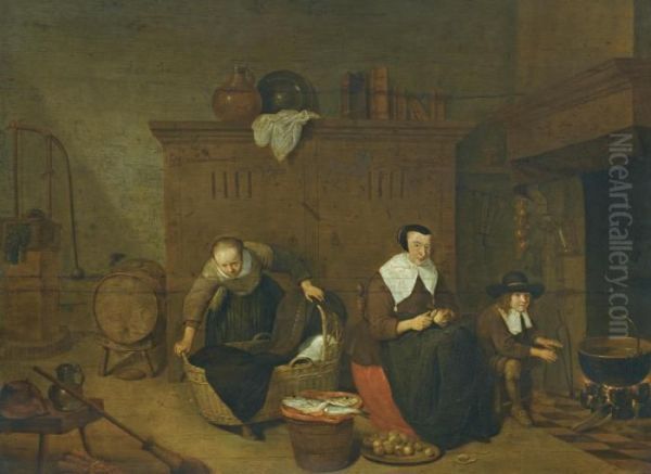 An Interior With A Woman Peeling Turnips Oil Painting by Quiringh Gerritsz. van Brekelenkam