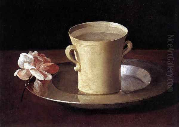 Cup of Water and a Rose on a Silver Plate c. 1630 Oil Painting by Francisco De Zurbaran