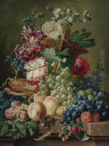 Still Life Of Flowers And Fruits On A Marble Ledge Oil Painting by Paul-Theodor Van Brussel