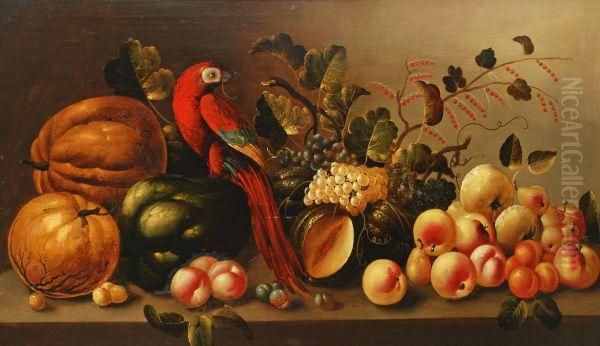 Still Life Of Fruit And A Parrot On A Stone Ledge Oil Painting by Abraham Van Calraet