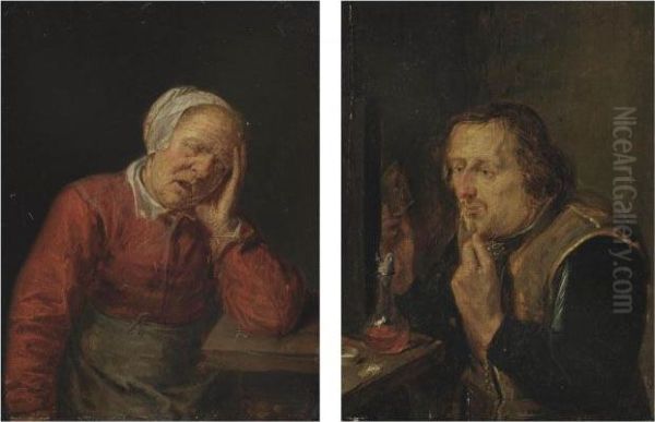 An Old Woman Asleep; And A Man Combing His Beard Oil Painting by Joos van Craesbeeck