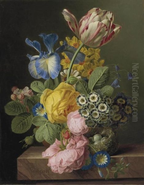 A Vase Of Flowers With A Bird's Nest On A Marble Ledge Oil Painting by Jan Frans Van Dael