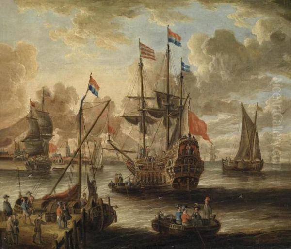 A Three-master And Other Vessels Off A Port Oil Painting by Willem van de, the Elder Velde