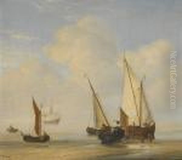 A Smalschip With Sail Set 
At Anchor Close To The Shore And A Boeier Laid Ashore Oil Painting by Willem van de, the Elder Velde