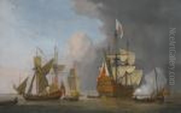 The Royal Sovereign Firing A 
Single Cannon With A Royal Yacht In A Light Air, Longboats And Other 
Men-of-war And Shipping On A Calm Sea With Land Beyond To The Left Oil Painting by Willem van de, the Elder Velde