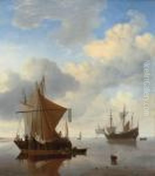 A Calm - A Smalschip And A Kaag At Anchor With An English Man-o'-war Beyond Oil Painting by Willem van de, the Elder Velde