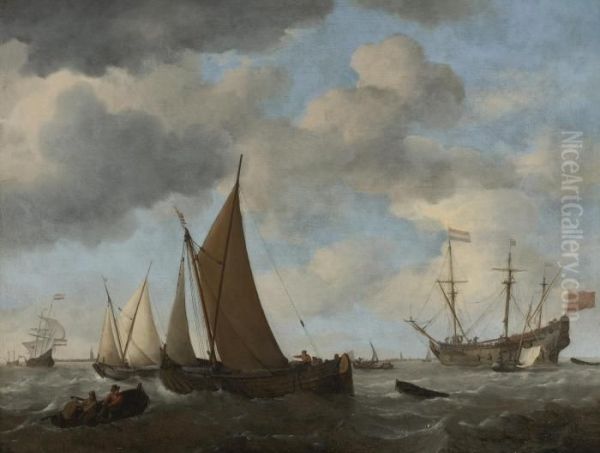 A Smalschip Close-hauled In A Fresh Breeze And A Ship At Anchor Off The Dutch Coast Oil Painting by Willem van de, the Elder Velde