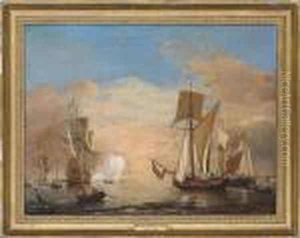 An English Galliot Close In To 
The Shore With An English Flagship Firing A Salute As She Arrives At The
 Nore Indistinctly Oil Painting by Willem van de, the Elder Velde