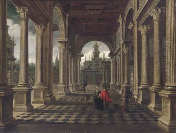 An Architectural Capriccio With Elegant Company Oil Painting by Dirck Van Delen