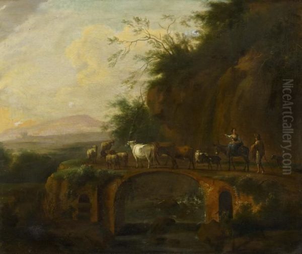 Italian Landscape With Cowherds On An Old Roman Bridge Oil Painting by Rembrandt Van Rijn