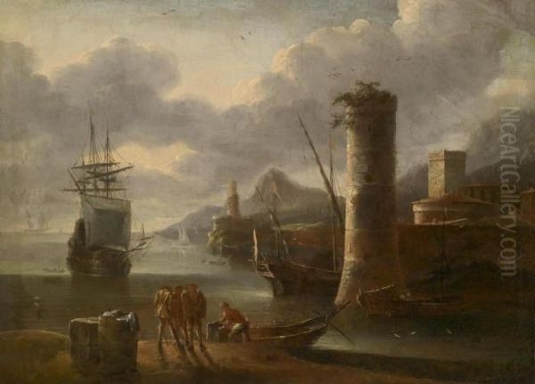 A Southern Seaport With Watch Towers Oil Painting by Adriaen Van Der Kabel