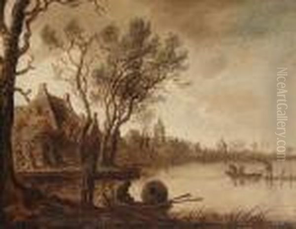 Hollands Rivierlandschap Oil Painting by Anthony Jansz. Van Der Croos