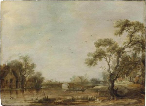 A River Landscape With A 
Village, Figures Crossing In A Ferry By A Bridge, A Church Beyond Oil Painting by Anthony Jansz van der Croos