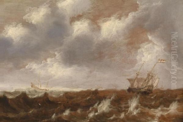 Dutch Vessels In A Choppy Sea Oil Painting by Pieter Van Der Croos