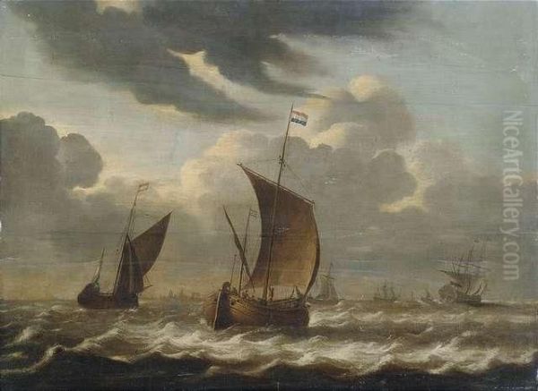 Segelschiffe In Sturmischer See Unter Bewolktem Himmel Oil Painting by Pieter Van Der Croos