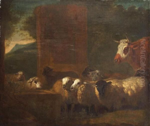 Un Troupeau De Moutons Et Une Vache Pres De L'abreuvoir Oil Painting by Jacob Van Der Does I