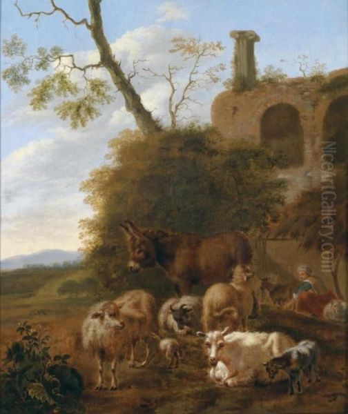 A Shepherd And His Animals Oil Painting by Simon van der Does