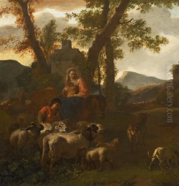 Family Of Shepherds With Their Herd In An Open Campanian Landscape Oil Painting by Simon van der Does