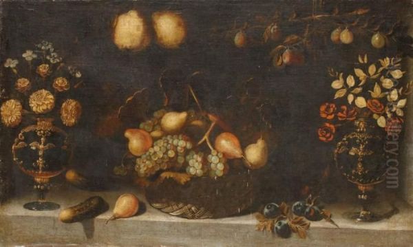 Panier De Fruits Et Vases De Fleurs Oil Painting by Juan Van Der Hamen Y Leon