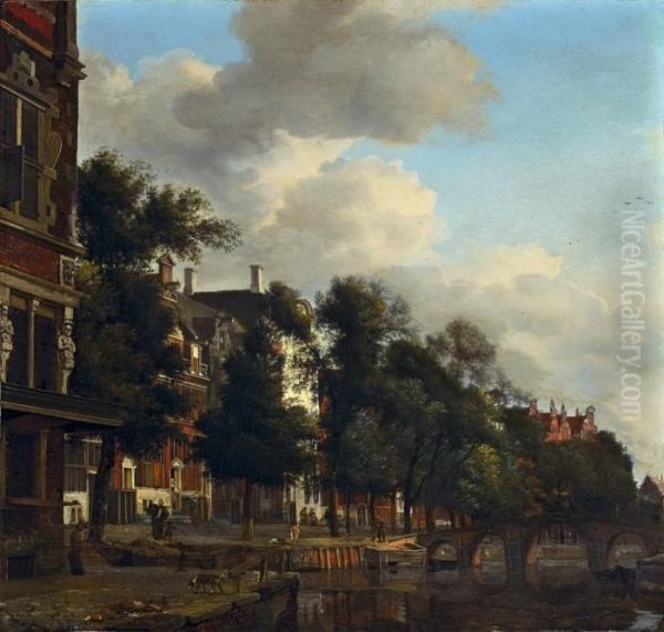 An Einer Gracht In Amsterdam Oil Painting by Jan Van Der Heyden