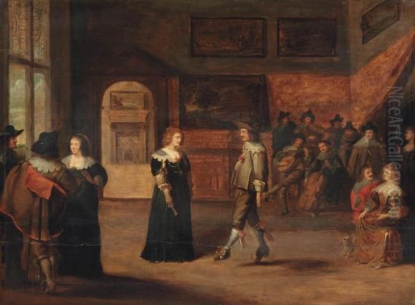 An Elegant Company Dancing And Making Music In An Interior Oil Painting by Christoffel Jacobsz van der Lamen