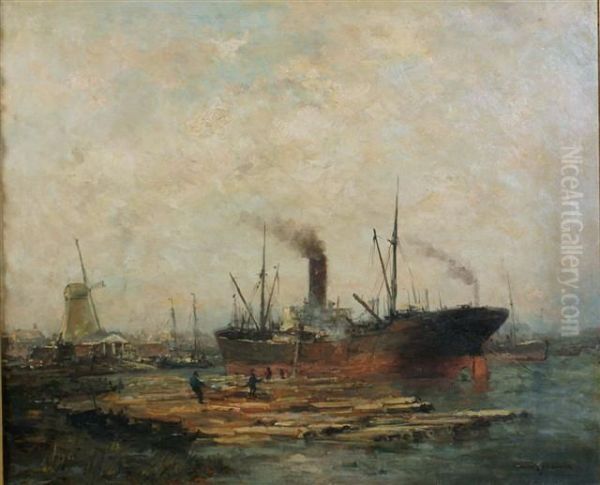 Loading Timber In Rotterdam Oil Painting by Jan Van Der Linde