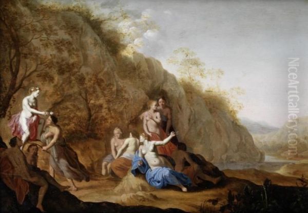 Nymphs Beside A River, An Open Landscape Beyond Oil Painting by Dirck Van Der Lisse