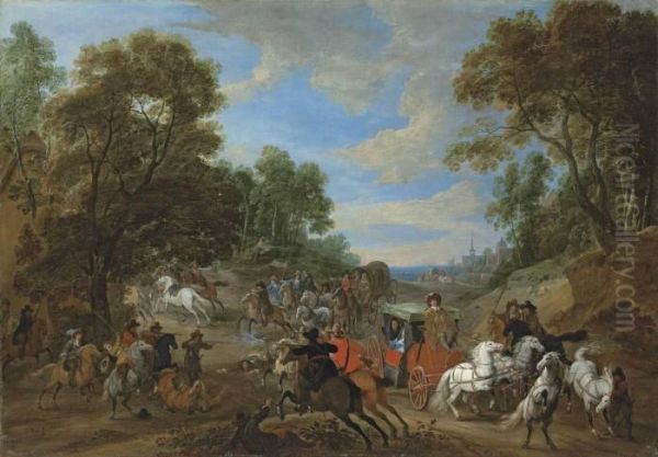 A Wooded Landscape With A Coach Being Ambushed In A Clearing Oil Painting by Adam Frans van der Meulen