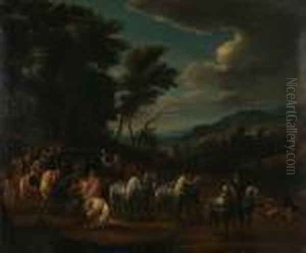 Ontmoet Ruitergezelschap In Bosrijk, Heuvelachtig Landschap Oil Painting by Adam Frans van der Meulen