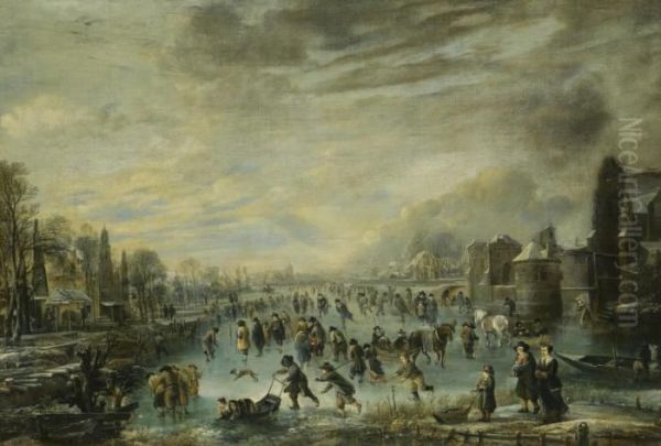 Winter Landscape With Skaters Oil Painting by Aert van der Neer