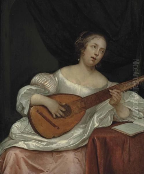 A Woman Playing A Bandora Oil Painting by Eglon Hendrick Van Der Neer