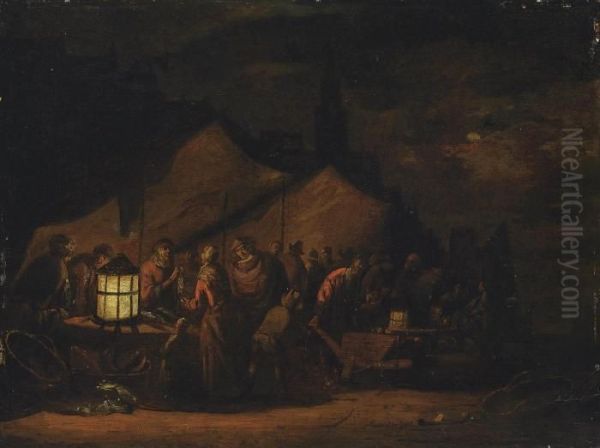 A Fishmarket On A Quay Side Signed 'a Van Der Poel' Oil Painting by Adriaen Lievensz van der Poel