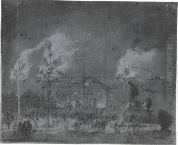 Recto: Fireworks Before A Grand House Oil Painting by Egbert van der Poel