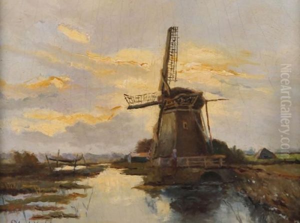 Windmill In A Landscape, Holland Oil Painting by Petrus van der Velden