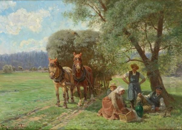 Rastende Bauern Unter Einem Baum Neben Beladenem Zweispannigen Heuwagen Oil Painting by Fritz van der Venne