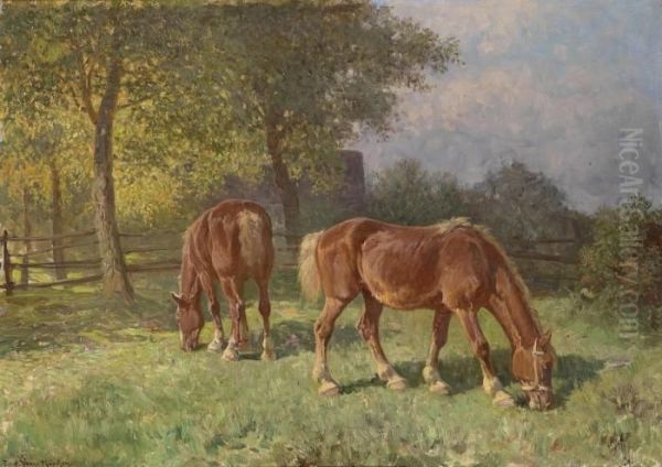 Horses In The Paddock Oil Painting by Fritz van der Venne