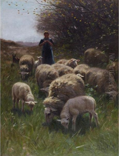 Shepherdess And Sheep Oil Painting by Hermann Johannes Van Der Weele