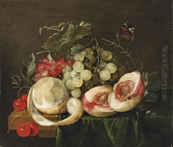 A Peeled Lemon, Open Peach, Grapes And Cherries Oil Painting by Guilliam van Deynum