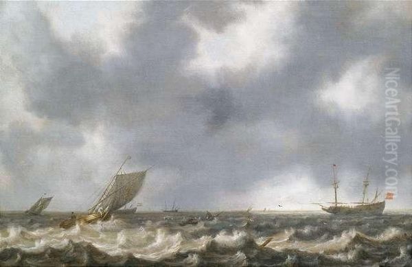 Segelschiffe In Aufgewuhlter See Unter Bewolktem Himmel Oil Painting by Willem van Diest