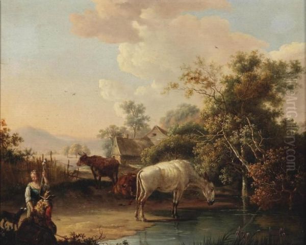 A Hilside Landscape With Figures And Cattle On A Path, A Farmhouse In The Distance Oil Painting by Dyonis Van Dongen