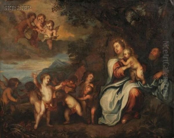 The Holy Family With Cherubs Oil Painting by Philip Le Petit Van Dyk