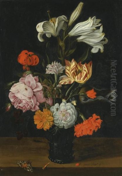 A Still Life With Flowers In A Glass Roemer, On A Ledge With Fallen Petals Oil Painting by Jan Baptist van Fornenburgh