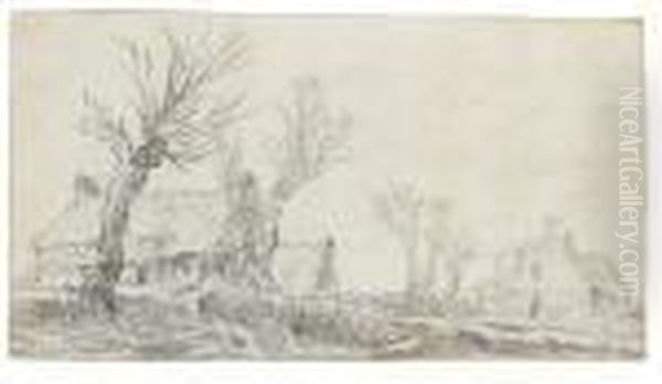 Wide Winter Landscape With Farm Buildings By Trees Oil Painting by Jan van Goyen