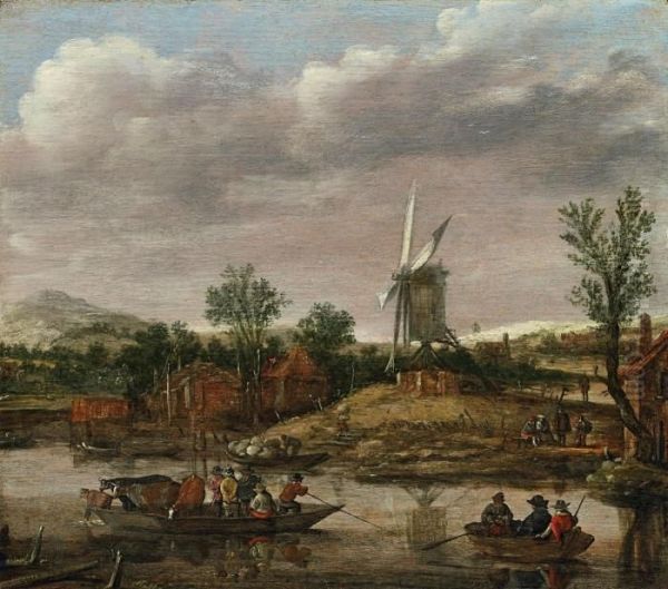 Flusslandschaft Mit Fahre Und Windmuhle Oil Painting by Jan van Goyen