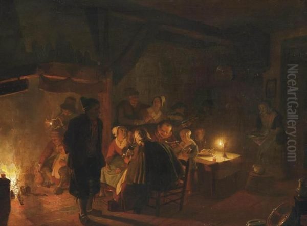 A Family Eating By Candlelight In An Interior Oil Painting by Jan Hendrick van Grootvelt