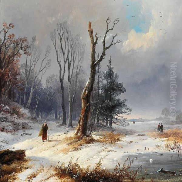 Winter Landscape With Figures Oil Painting by Remigius Adriannus van Haanen