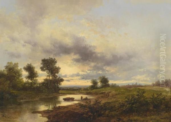 River Landscape In The Evening Light Oil Painting by Remigius Adriannus van Haanen