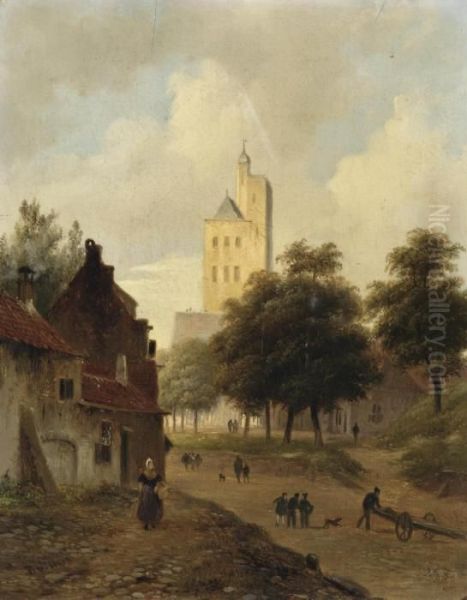 Daily Activities In A Dutch Town, A Tower Beyond Oil Painting by Bartholomeus J. Van Hove