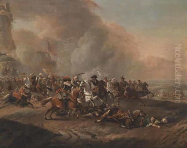 A Cavalry Engagement Near A Fortress Oil Painting by Jan von Huchtenburgh