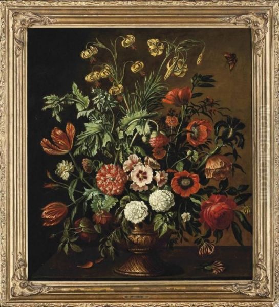 Carnations, Roses, Poppies, 
Tulips, Narcissi And Other Flowers In A Sculpted Vase On A Ledge, With A
 Butterfly Oil Painting by Jan Van Huysum